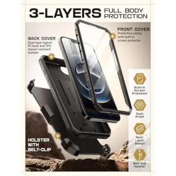 SUPCASE for iPhone 16e Case with Screen Protector (Unicorn Beetle Pro), [Built-in Stand & Belt-Clip] [Military-Grade Protection] Full Body Phone Case for iPhone 16e 6.1'' 2025, Black