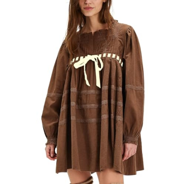 Locachy Womens 2024 Casual Cotton Dress Tie Front Square Neck Long Sleeve A Line Pleated Mini Dress Brown M