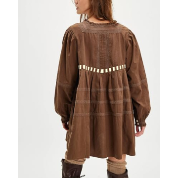 Locachy Womens 2024 Casual Cotton Dress Tie Front Square Neck Long Sleeve A Line Pleated Mini Dress Brown M