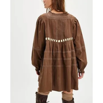 Locachy Womens 2024 Casual Cotton Dress Tie Front Square Neck Long Sleeve A Line Pleated Mini Dress Brown M