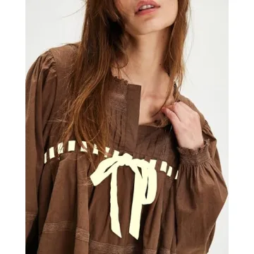 Locachy Womens 2024 Casual Cotton Dress Tie Front Square Neck Long Sleeve A Line Pleated Mini Dress Brown M