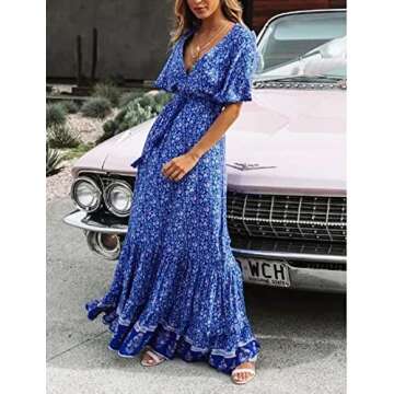 R.Vivimos Womens Summer Cotton Short Sleeve V Neck Floral Print Casual Bohemian Midi Dresses (Small, Blue)