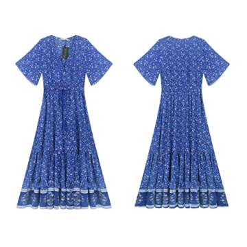 R.Vivimos Womens Summer Cotton Short Sleeve V Neck Floral Print Casual Bohemian Midi Dresses (Small, Blue)