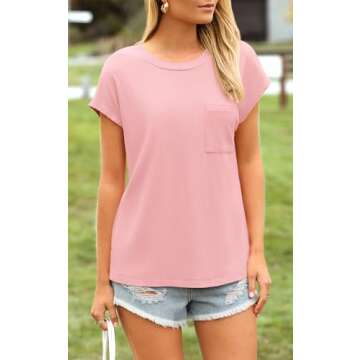 Potany Womens Summer Tops 2024 Trendy Cap Sleeve Dressy Casual Cute Tops Knit Side Slit Basic T Shirts Work Blouses Clothes(Pink,2XL)