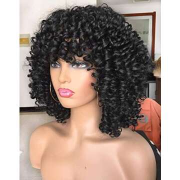 ANNIVIA Curly Afro Wig with Bangs Short Kinky Curly Wigs for Black Women Synthetic Fiber Soft Hair S...