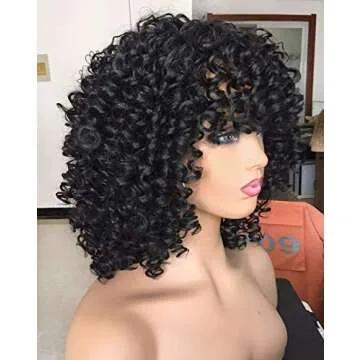 ANNIVIA Curly Afro Wig with Bangs Short Kinky Curly Wigs for Black Women Synthetic Fiber Soft Hair Short Curly Afro Wig (Black)