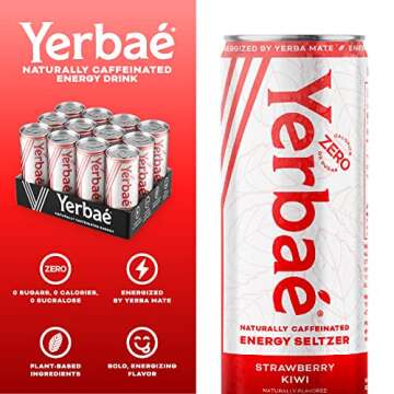 Yerbaé Energy Seltzer - Strawberry Kiwi, 0 Sugar, 0 Calories, 0 Carbs. Yerbae is Energized by Yerba Mate, Naturally Caffeinated & Plant-Based, Healthy Alternative to Coffee and Sugary Sodas, 12oz cans (12 Pack)