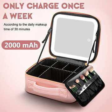 Bomilado Travel Makeup Bag with Light up Mirror,Light Makeup Train Case,Makeup Brushes Storage Organizer,Portable Cosmetic Bag Organizer Artist Storage Bag with Adjustable Dividers(Pink)