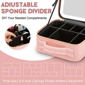 Bomilado Travel Makeup Bag with Light up Mirror,Light Makeup Train Case,Makeup Brushes Storage Organizer,Portable Cosmetic Bag Organizer Artist Storage Bag with Adjustable Dividers(Pink)