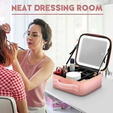 Bomilado Travel Makeup Bag with Light up Mirror,Light Makeup Train Case,Makeup Brushes Storage Organizer,Portable Cosmetic Bag Organizer Artist Storage Bag with Adjustable Dividers(Pink)