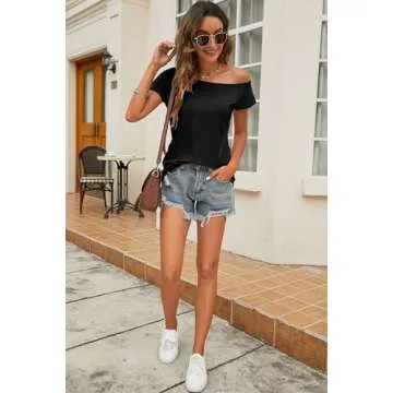 Halife Cute Black Off The Shoulder Tops for Women Loose Dressy Short Sleeve Shirts Comfortable Casual Summer T Shirt Small