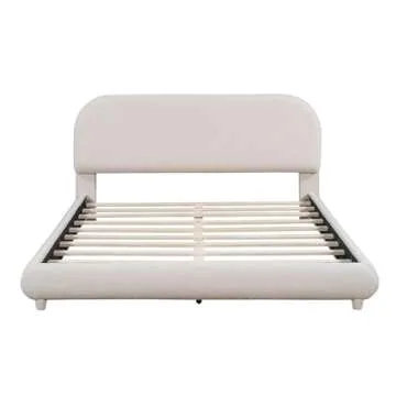 Teddy Fleece Queen Size Upholstered Platform Bed with Thick Fabric, Solid Frame and Stylish Curve-Shaped Design,for Kids Teens Adults Bedroom (Beige@Teddy Fleece, Queen)