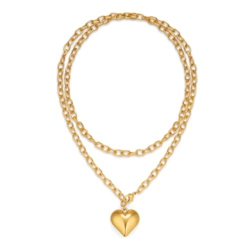 CLASSYZINT Gold Puffy Heart Necklace - Stylish Layered Choker Chain with Pendant
