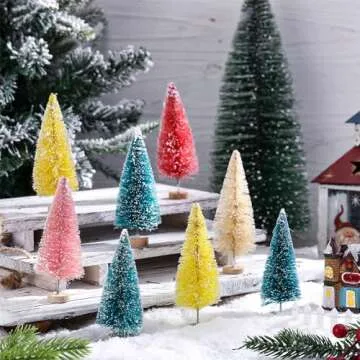 Yuxung 24 Pcs 4 Inch Mini Christmas Tree Bottle Brush Trees Artificial Frosted Sisal Christmas Tree with Wood Base for Christmas Decoration and Display Home Tabletop(Multicolored)
