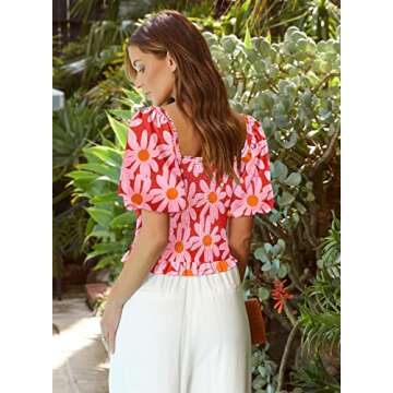 DOROSE Ladies Summer Floral Tops Puff Sleeve Sweetheart Neck Smocked Blouses Twist Front Crop Top Pi...