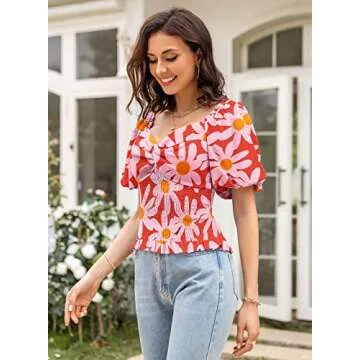 DOROSE Floral Puff Sleeve Sweetheart Top for Women