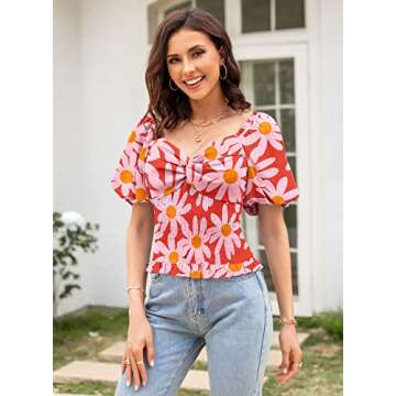 DOROSE Floral Puff Sleeve Sweetheart Top for Women