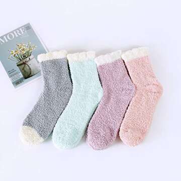 Zando Women Winter Warm Plush Socks Fluffy Slipper Socks Fuzzy Sleeping Socks Super Soft Microfiber Home Sock for Girls 4/Candy Patchwork One Size