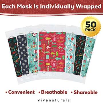 Holiday Face Mask (50 Pack) - Premium 3-Ply Holiday Mask with 5 Stylish Patterns, Comfortable Earloo...