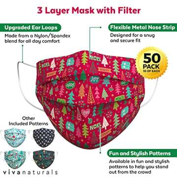 Holiday Face Mask (50 Pack) - Premium 3-Ply Holiday Mask with 5 Stylish Patterns, Comfortable Earloops & Adjustable Metal Nose Strip, Disposable Non-Medical Holiday Face Masks for Adults
