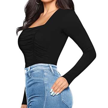 MANGOPOP Womens Square Neck Ruched Double Lined Long Sleeve Bodysuit Tops Jumpsuit