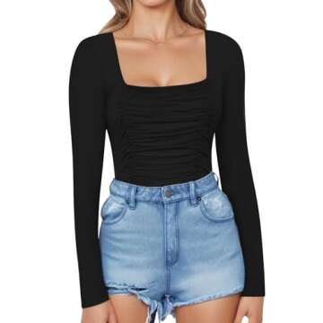 MANGOPOP Womens Square Neck Ruched Double Lined Long Sleeve Bodysuit Tops Jumpsuit
