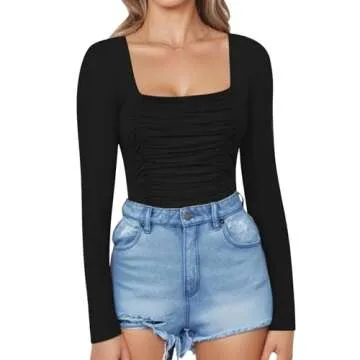 Stylish MANGOPOP Square Neck Ruched Bodysuit Tops
