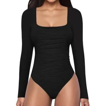 Stylish MANGOPOP Square Neck Ruched Bodysuit Tops