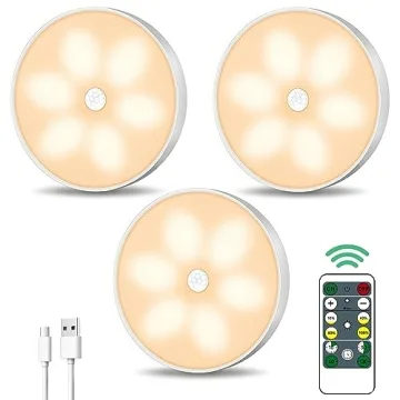 Warm LED Motion Sensor Puck Lights - USB Rechargeable, Dimmable, Remote Control