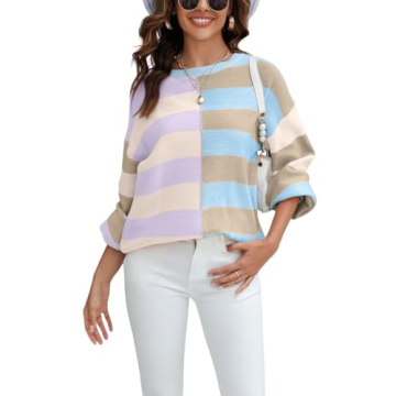 chouyatou Women's Casual Crew Neck Color Block Striped Patchwork Knitted Pullover Sweater Tops (Larg...