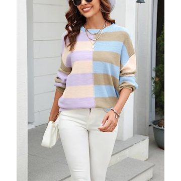 chouyatou Women's Casual Crew Neck Color Block Striped Patchwork Knitted Pullover Sweater Tops (Large, Apricot Khaki)
