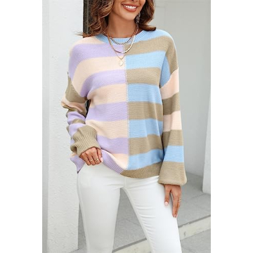 chouyatou Women's Casual Crew Neck Color Block Striped Patchwork Knitted Pullover Sweater Tops (Large, Apricot Khaki)