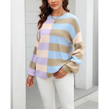 chouyatou Women's Casual Crew Neck Color Block Striped Patchwork Knitted Pullover Sweater Tops (Large, Apricot Khaki)