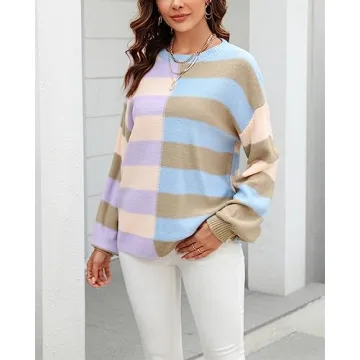 chouyatou Women's Casual Crew Neck Color Block Striped Patchwork Knitted Pullover Sweater Tops (Large, Apricot Khaki)
