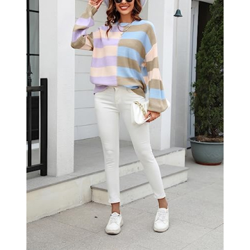 chouyatou Women's Casual Crew Neck Color Block Striped Patchwork Knitted Pullover Sweater Tops (Large, Apricot Khaki)