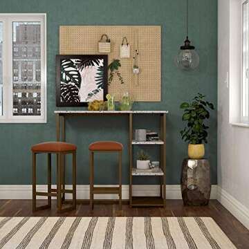 Novogratz Nora 3-Piece Pub Set with Faux Terrazzo Top, White/Brass