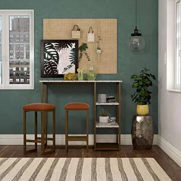 Novogratz Nora 3-Piece Pub Set with Faux Terrazzo Top, White/Brass