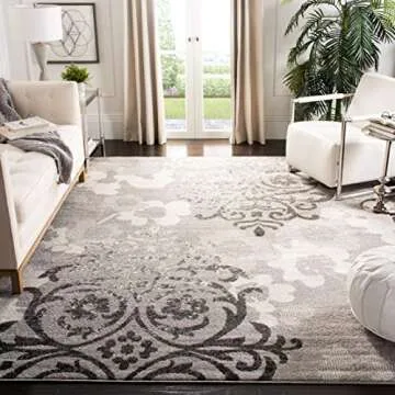 SAFAVIEH Adirondack Area Rug - 5'1" x 7'6", Silver & Ivory, Floral Glam Damask Distressed Design, Id...