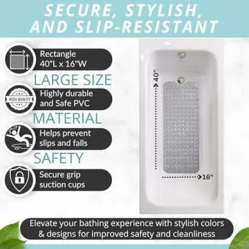 Bath Mat for Tub Non Slip Bath Mat - Anti Slip Shower Mat Non Slip - Bathtub Mat Non Slip - 40x16 Extra Long Bath Mat - Shower Floor Mat Non Slip - Bath Tub Mat - Bath Mats for Shower (Bath Gray)