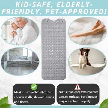 Bath Mat for Tub Non Slip Bath Mat - Anti Slip Shower Mat Non Slip - Bathtub Mat Non Slip - 40x16 Extra Long Bath Mat - Shower Floor Mat Non Slip - Bath Tub Mat - Bath Mats for Shower (Bath Gray)