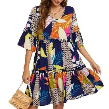 Funlingo Women's Summer Dresses Flowy Tunic Mini Dress Short Sleeve V Neck Swing Dress Spring Casual...