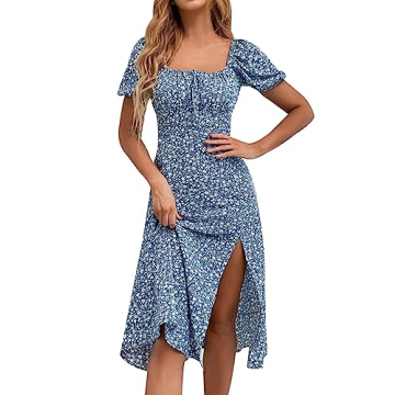 SPRIME Women's Floral Summer Casual Dress A-line High Waist Midi Dress with Split