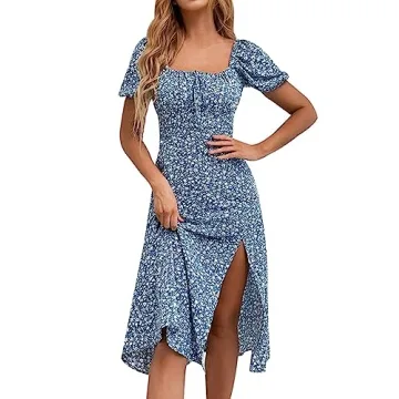 SPRIME Women's Floral Summer Casual Dress A-line High Waist Midi Dress with Split