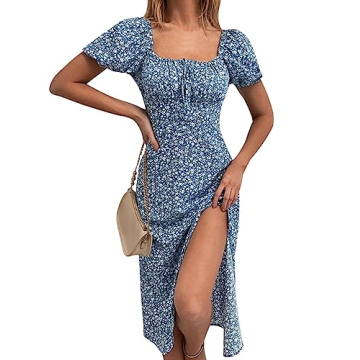 SPRIME Summer Floral Midi Dress with Puff Sleeves