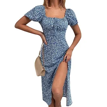 SPRIME Summer Floral Midi Dress with Puff Sleeves