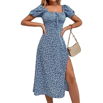 SPRIME Summer Floral Midi Dress with Puff Sleeves
