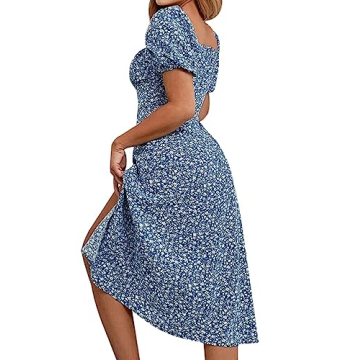 SPRIME Summer Floral Midi Dress with Puff Sleeves