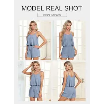 BLENCOT Women's Summer Short Rompers Spaghetti Strap Sleeveless Ruffle Casual Flowy Jumpsuits Sky Blue XL