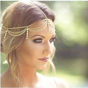Denifery Gold Rhinestone Bohemian Head Chain - Bridal and Prom Glamour