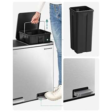 SONGMICS Trash Can, 2 x 6.3-Gallon (2 x 24L) Dual Garbage Can, Pedal Recycle Bin with Lids and Inner Buckets for Small Kitchens, Stainless Steel, Soft Closure, Airtight, Silver ULTB48NL